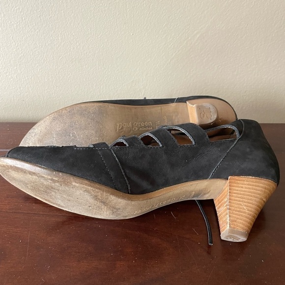 PAUL Green Prague Lace Up Cut Out Peep Toe Block Heel Ankle Bootie Black 7.5 - Picture 6 of 6